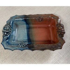Ocean Seashell Motif Glazed Pottery Tray, 12 x 8 inches, Beautiful Blue,‎ Brown